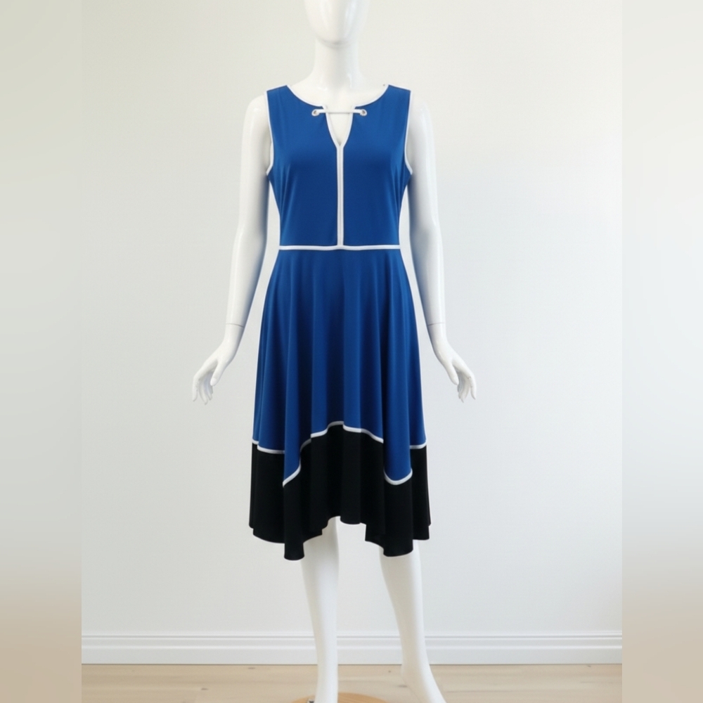 Ivanka Trump Royal Blue & Black Asymmetrical Hem Piping Detail Midi Dress  LARGE